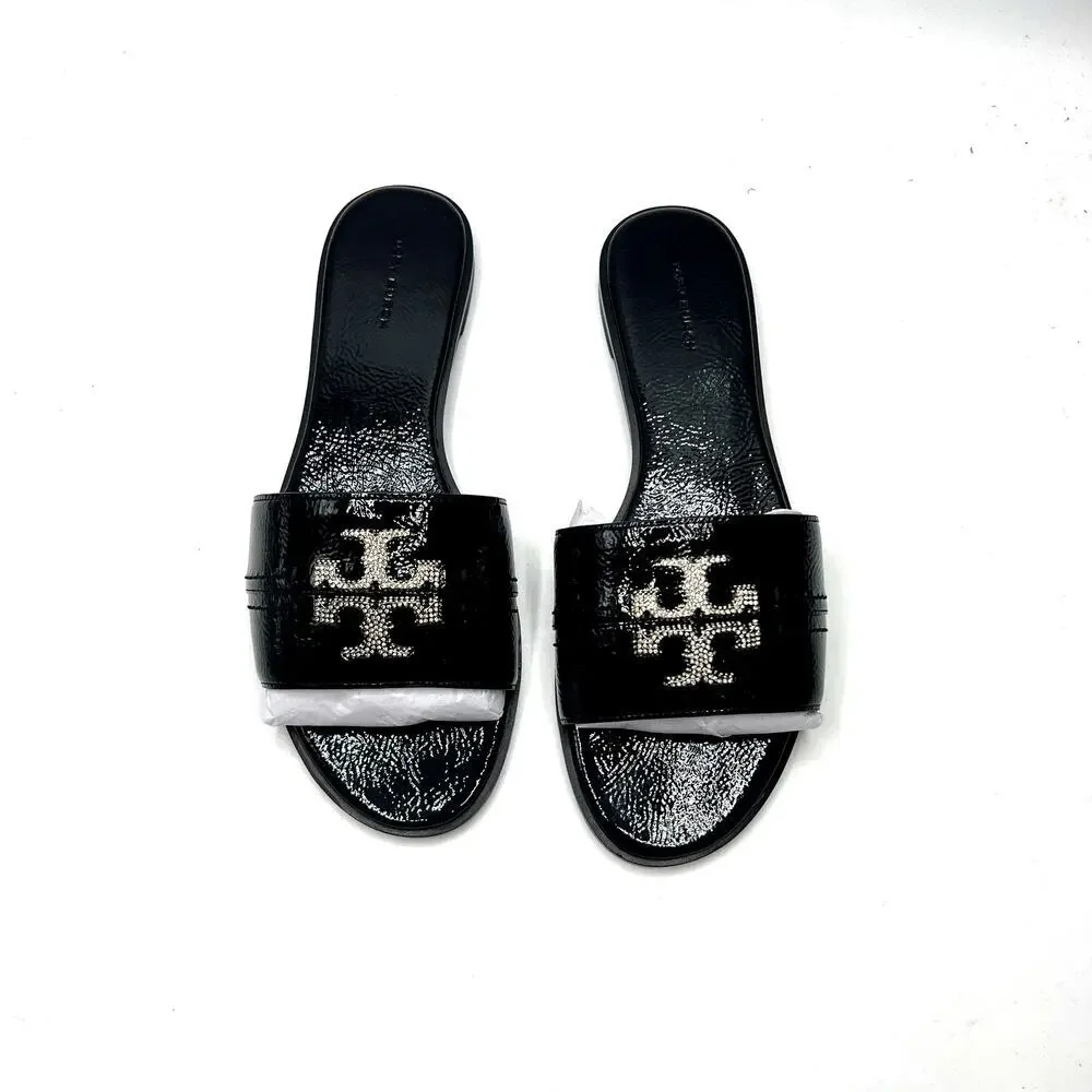 Tory Burch Everly Slide Softy Naplak Cow Perfect Black/Crystal Size 9 NEW